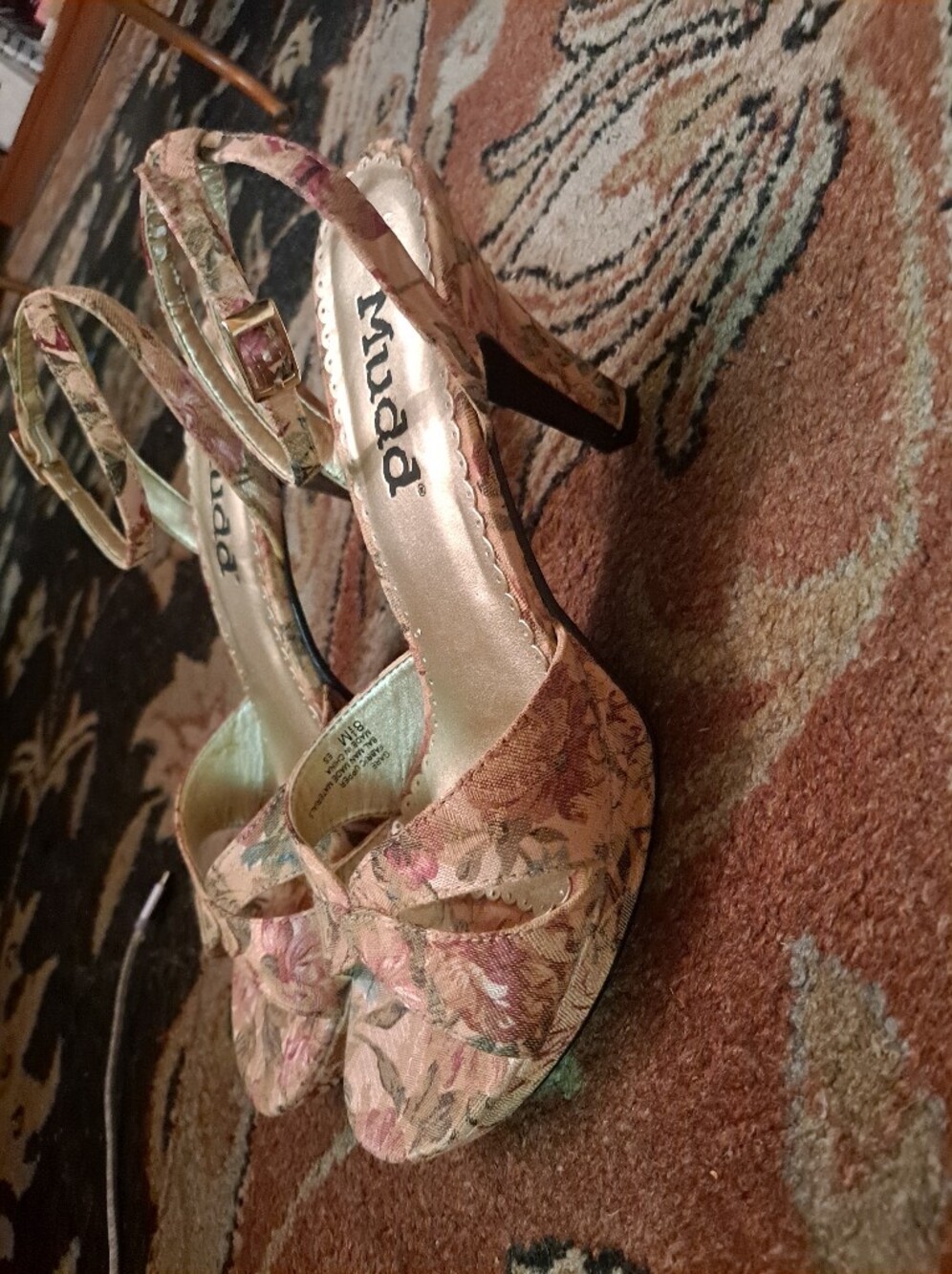 Mudd Floral Print Ankle Strap Heels in Pink and Tan Y2K
